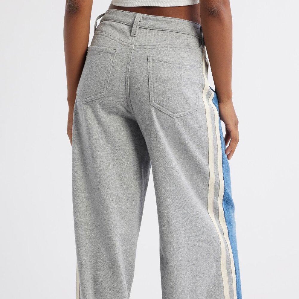 PTCL Wide Leg Stripe Blue Denim Jeans Two Tone Jogger Sporty Sweatpants 25 NWT